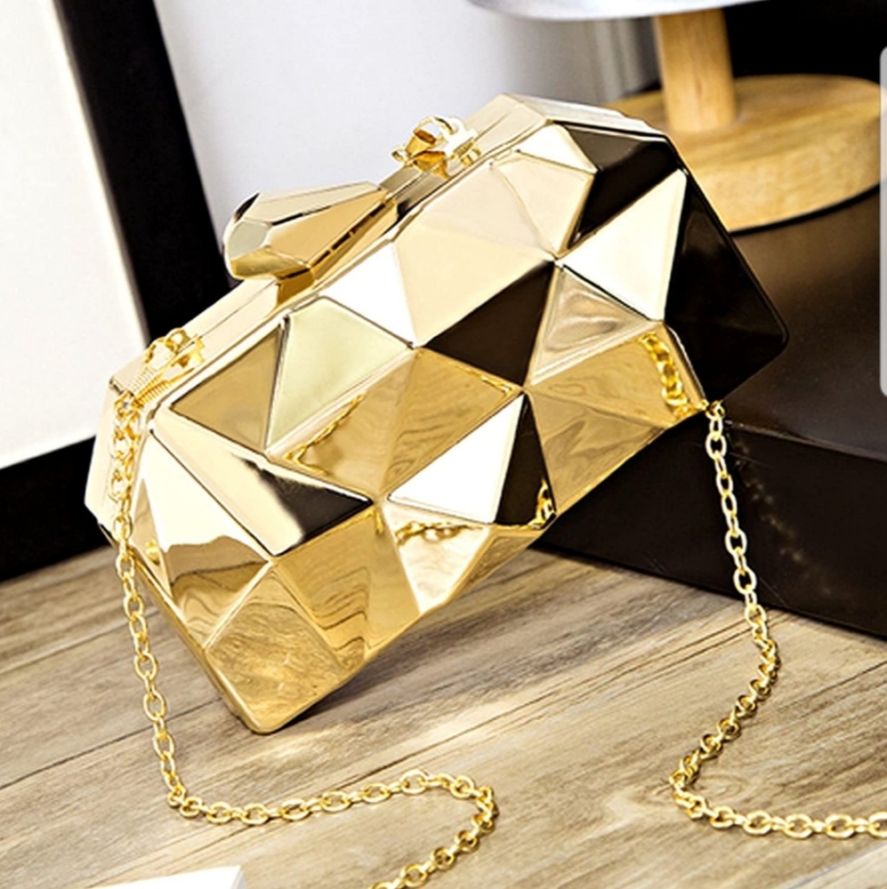 Geometric Gold Metal Clutch Purse with Detachable Chain